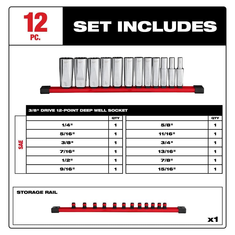 Milwaukee 3/8 Inch Drive 12-Point Deep Well SAE Socket Set, 12 Pieces, large image number 2