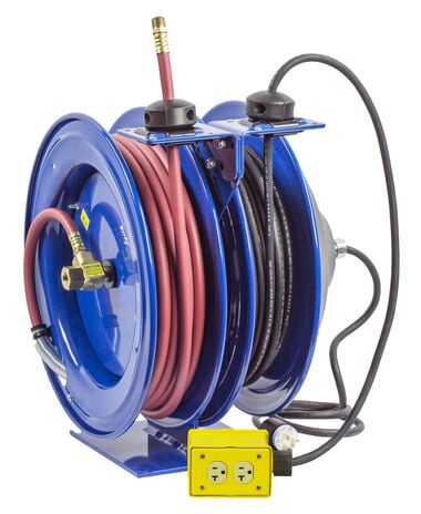 Coxreels Hose Reel Dual Purpose Spring Rewind 3/8in x 50' 300PSI Quad Receptacle 50' cord 12 AWG