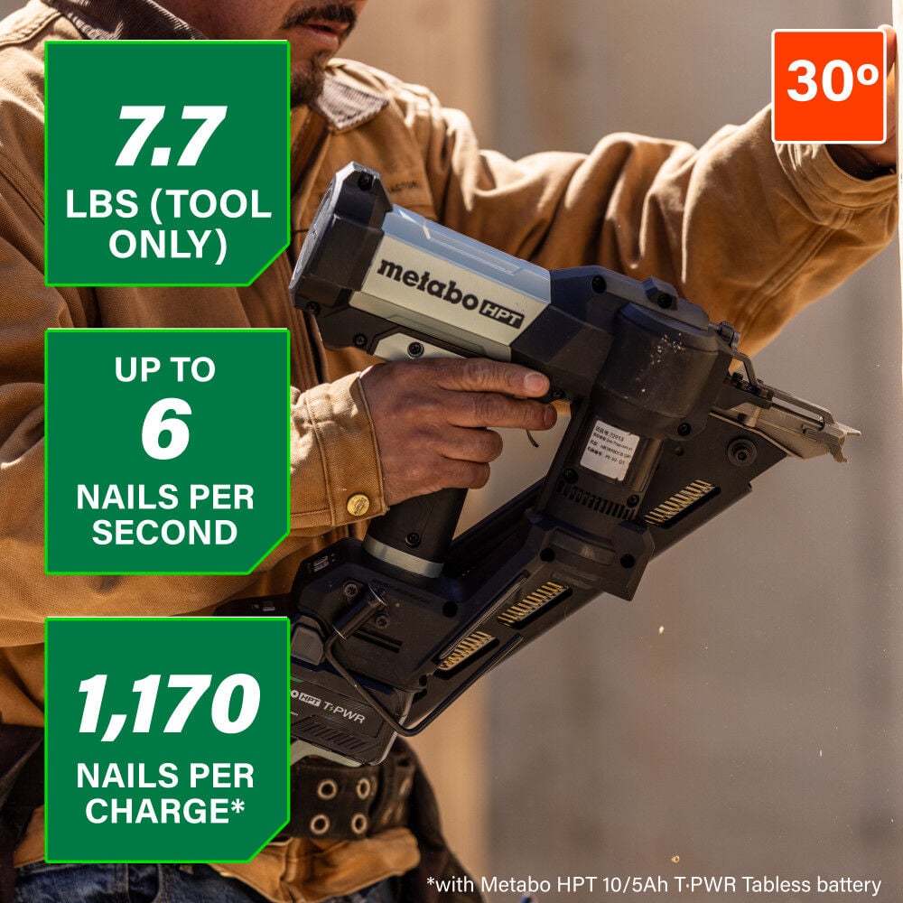 Metabo HPT Cordless Pneumatic 18V 30 Degree Paper Strip Framing Nailer Kit, large image number 3