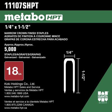 Metabo HPT Narrow Crown Finish Staples 1 1/2in x 1/4in 18 Gauge 5000pc, large image number 3