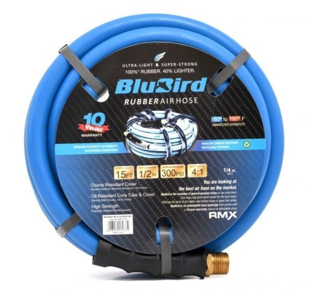 BluBird 1/2 Inch x 15 Ft. Rubber Air Hose Assembly – BB1215