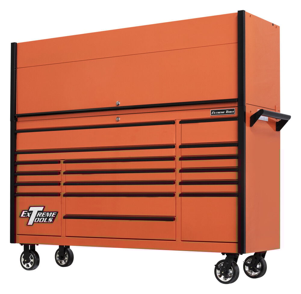 Extreme Tools DX Series 72 Inch W x 21 Inch D Extreme Power Workstation Hutch and 17 Drawer Roller Cabinet Combo with Black Drawer Pulls – DX7218HROK