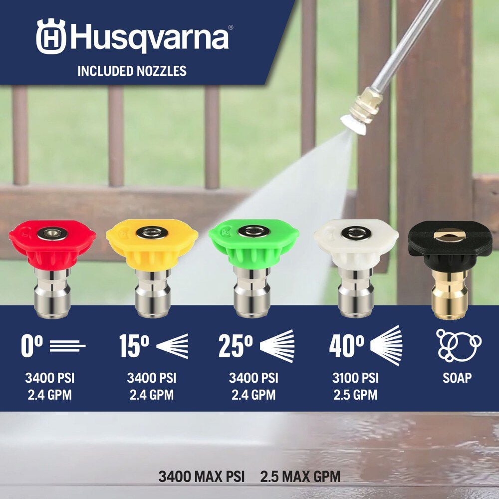 Husqvarna 3400 PSI 2.5 GPM Triplex Pump Gas Powered Cold Water Pressure Washer with 5 Spray Tips, large image number 13