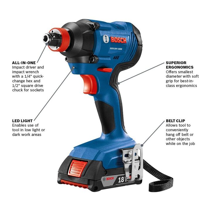 Bosch 18V Freak 1/4in & 1/2in Two In One Bit/Socket Impact Driver Kit Reconditioned, large image number 2