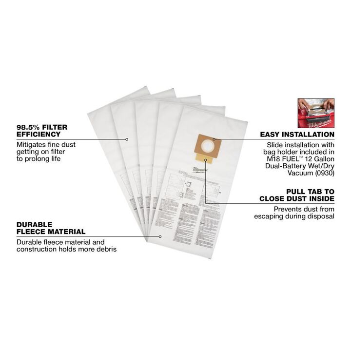 Milwaukee Fleece Dust Bags 12 Gallon 5pk, large image number 3