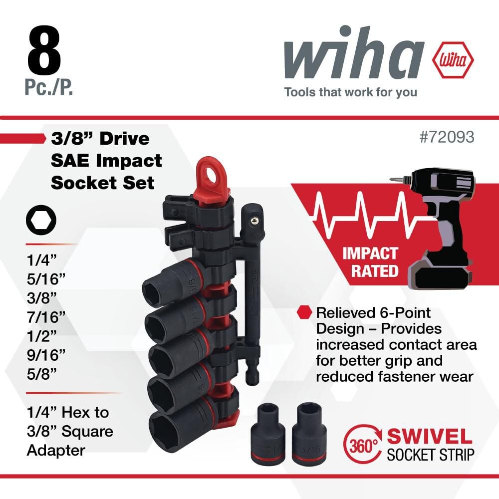 Wiha 3/8 Inch Drive SAE Impact Socket Set, 8 Pieces, large image number 2