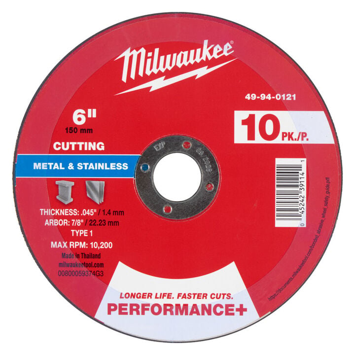 Milwaukee 6 Inch x .045 Inch x 7/8 Inch Performance+ Metal Cut Off Wheel Type 1, large image number 0