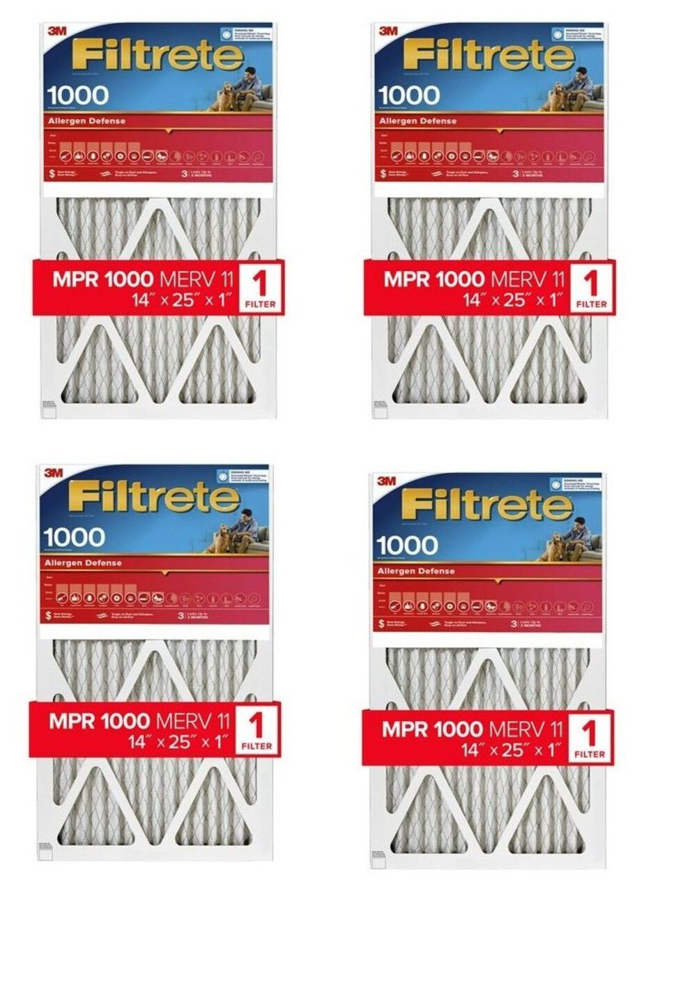 3M Filtrete 1000 MPR 14 x 25 x 1 Inch Allergen Defense Air Filter 4 Pack – 9804-4