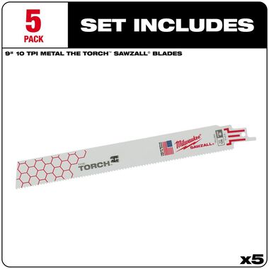 Milwaukee 9 in. 10 TPI THE TORCH SAWZALL Blades 5PK, large image number 1