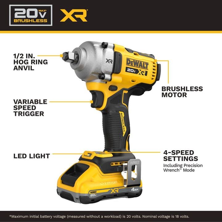 DEWALT 20V MAX XR Brushless 1/2 Inch Mid-Torque Impact Wrench Kit, large image number 1