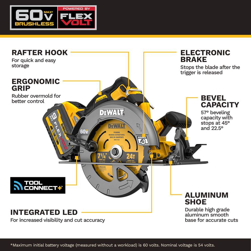 DEWALT 60V FLEXVOLT 7-1/4 Inch Circular Saw with Tool Connect Kit, large image number 2