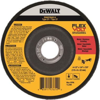 DEWALT FLEXVOLT 4-1/2 In. x 1/4 In. x 7/8 In. T27 Grinding Wheel, large image number 0