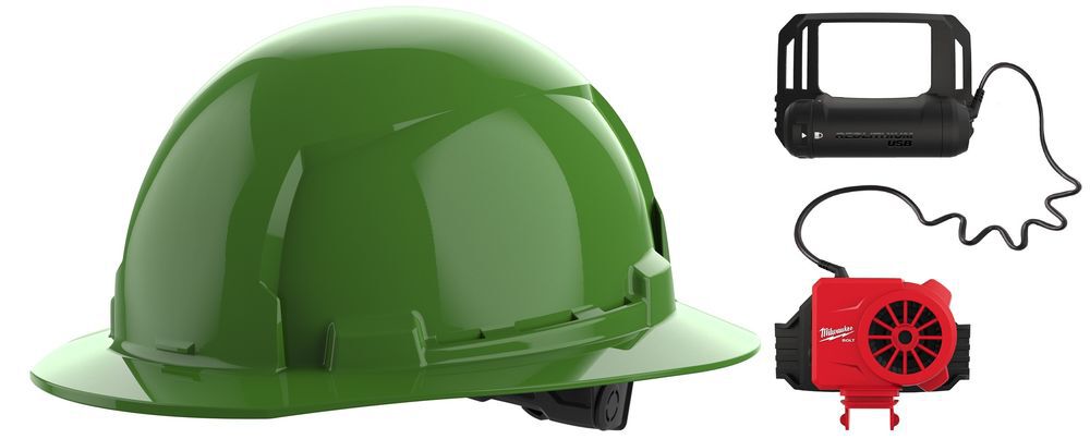 Milwaukee BOLT Green Full Brim Hard Hat with 6pt Ratcheting Suspension Type 1 Class E & USB Cooling Fan Bundle, large image number 1