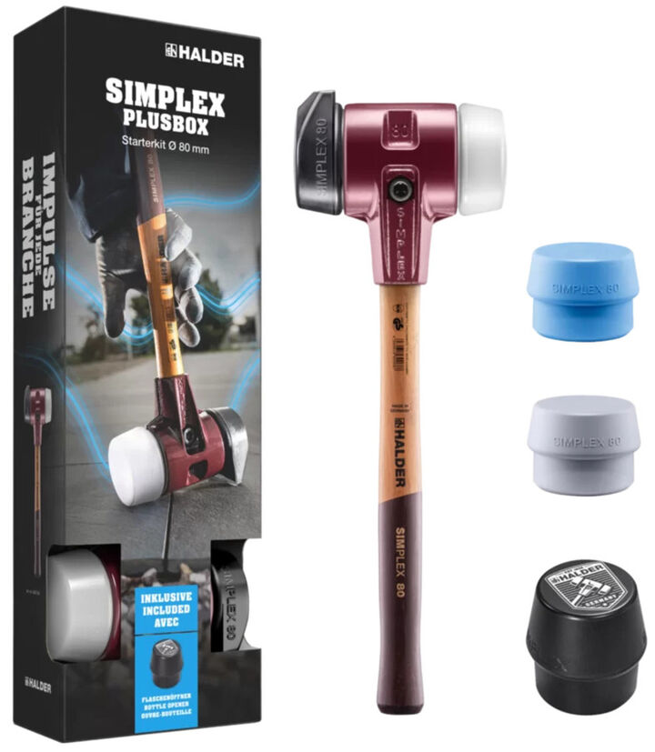 Halder Inc SIMPLEX Plus Starter Kit Rubber & Plastic Head Soft-Face Mallet D80 with 4 Inserts