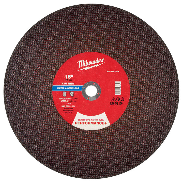 Milwaukee 16 Inch x 1/8 Inch x 1 Inch Performance+ Metal Cut Off Wheel Type 1, large image number 0