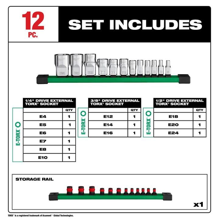Milwaukee 1/4 Inch, 3/8 Inch, & 1/2 Inch Drive External TORX Socket Set, 12 Pieces, large image number 1