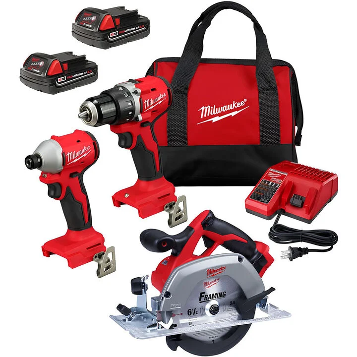 Milwaukee M18 1/2 Inch Drill Driver, 1/4 Inch Impact Driver & 6-1/2 Inch Circular Saw Combo Kit Bundle