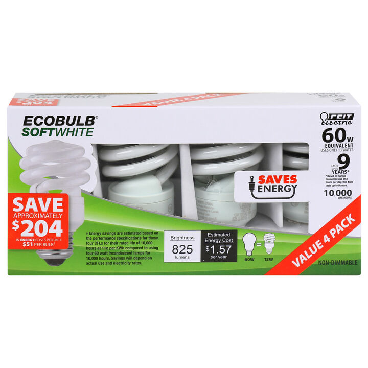 Feit Electric 60W EcoBulb Soft White Mini Twist CFL Bulb 4pk, large image number 1