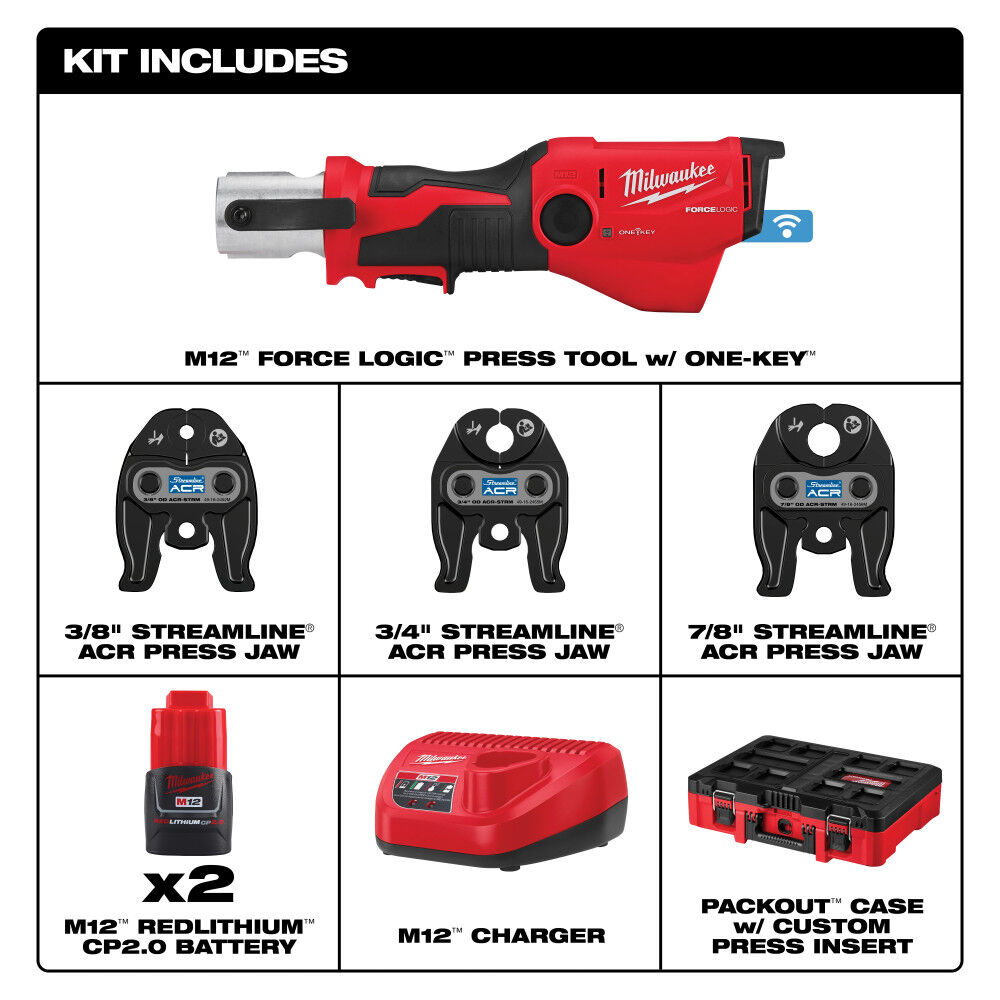 Milwaukee M12 FORCE LOGIC Press Tool Kit with ONE KEY with 3/8 Inch, 3/4 Inch, & 7/8 Inch Streamline ACR Press Jaws, large image number 3