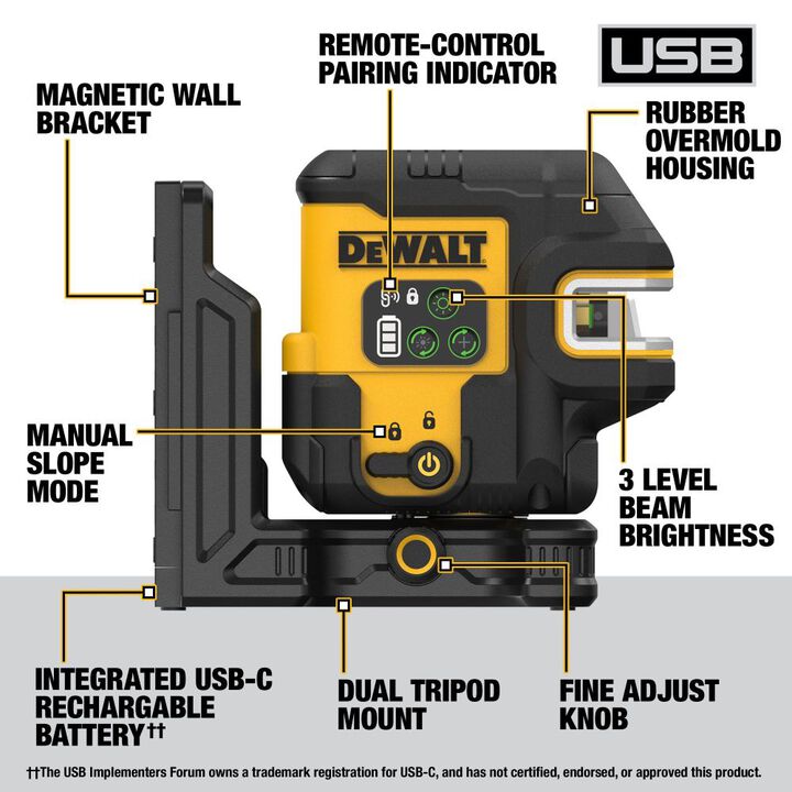 DEWALT USB Rechargeable Green 2 Spot & Cross Line Laser Base Kit, large image number 1