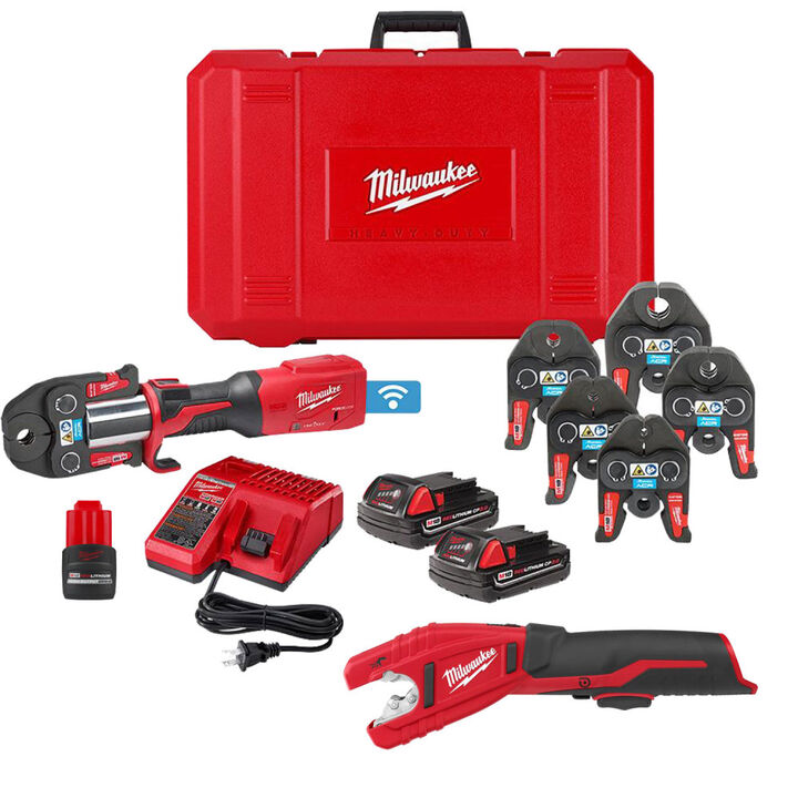 Milwaukee M18 FORCE LOGIC ONE-KEY Press Tool with 1/2"-2" CTS Jaws and M12 3/8"-1" Copper Tubing Cutter 