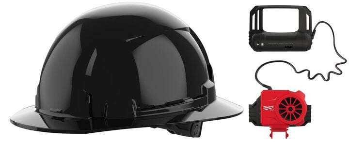 Milwaukee BOLT Black Full Brim Hard Hat with 6pt Ratcheting Suspension Type 1 Class E & USB Cooling Fan Bundle