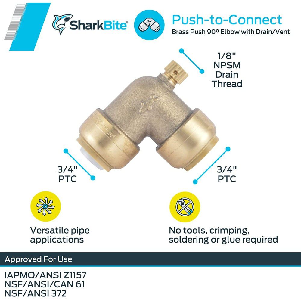 Sharkbite 3/4in x 3/4in x 1/8in NPSM Brass 90 Deg Elbow, large image number 3