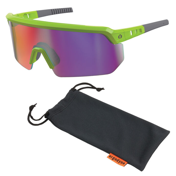 Ergodyne Skullerz AEGIR Polarized Mirrored Safety Glasses, Lime Frame, Purple Lens