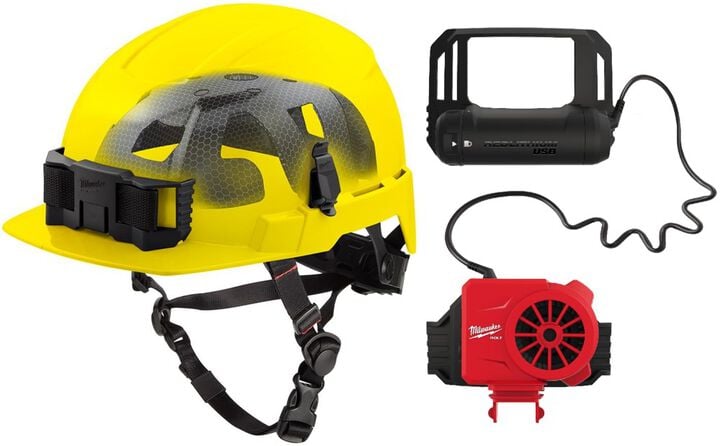 Milwaukee BOLT Yellow Front Brim Safety Helmet with IMPACT ARMOR Liner Type 2 Class E & USB Cooling Fan Bundle, large image number 0