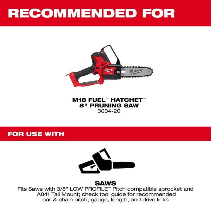 Milwaukee 8 Inch  3/8 Inch LOW PROFILE Pitch, .043 Inch Gauge Saw Chain and Guide Bar Set, large image number 2
