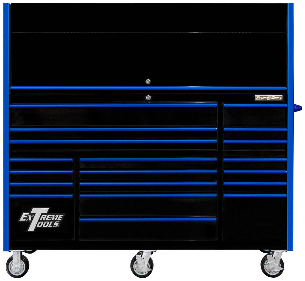 This Extreme Tools Professional Hutch and 19-Drawer Roller Cabinet Combo creates a convenient, organized work space in your shop. The hutch includes
