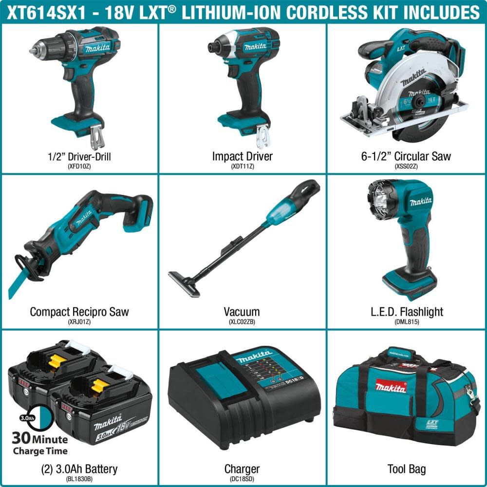 Makita 18V LXT LithiumIon Cordless 6Piece Combo Kit (3.0Ah) XT614SX1