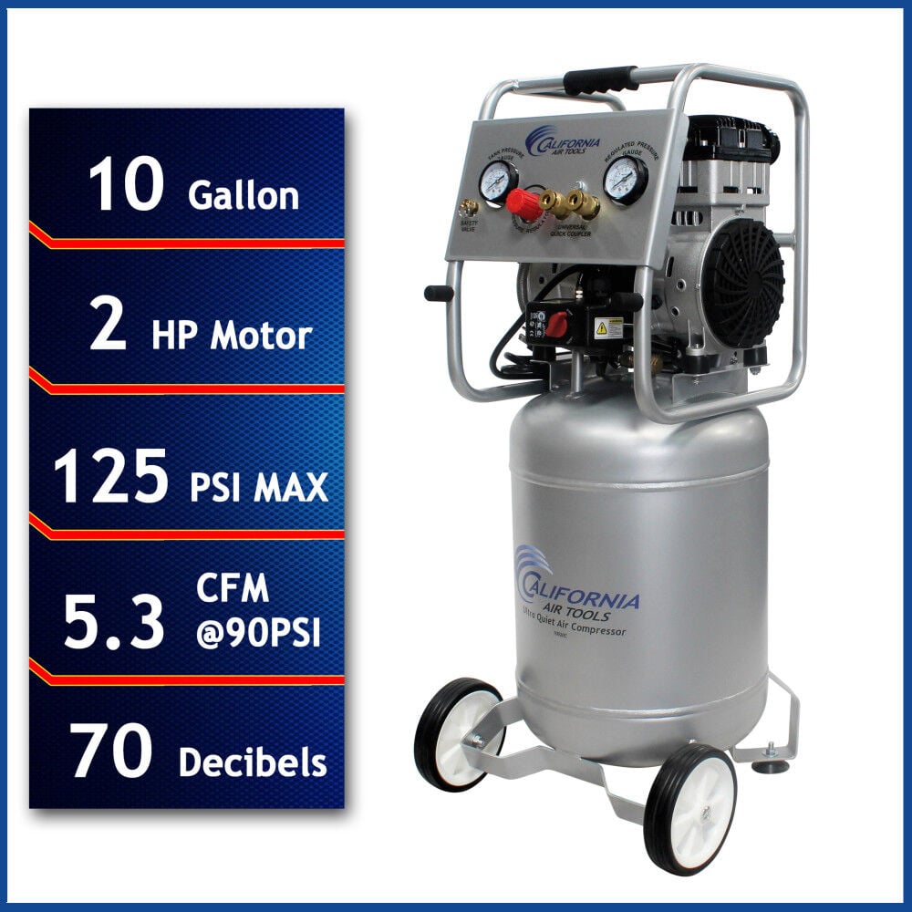 California Air Tools Ultra Quiet Oil-Free Corded 2HP 10 Gallon Steel Tank Air Compressor, large image number 2