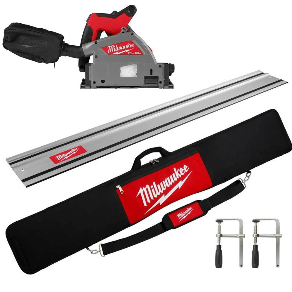 Milwaukee M18 FUEL 6 1/2 Plunge Track Saw (Bare Tool) 55inch Guide Rail  with Clamps & Bag Bundle