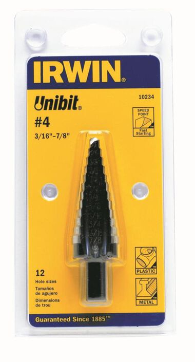 Irwin #4 Unibit Step Drill Bit 3/16 In. to 7/8 In. 12 Sizes, large image number 0