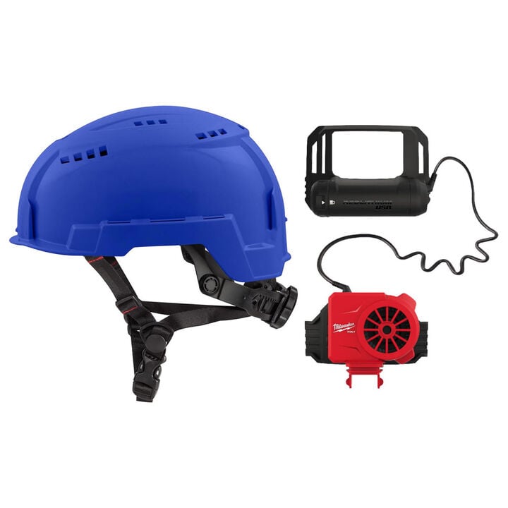 Milwaukee BOLT Blue Vented Helmet Class C & USB Cooling Fan Bundle, large image number 0