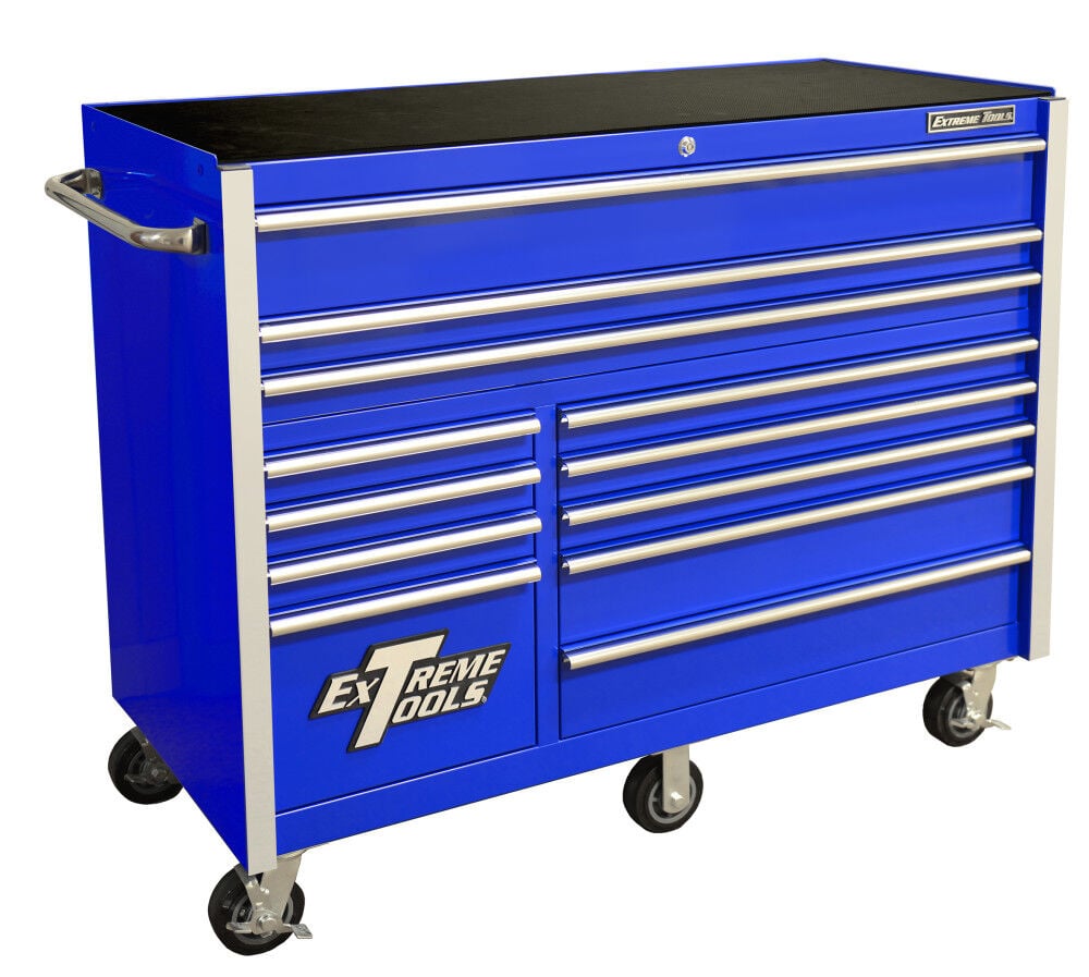 Extreme Tools RX Series 55 Inch W x 25 Inch D 12 Drawer Roller Cabinet 150 lbs Slides Blue with Chrome Drawer Pulls and Trim, large image number 2