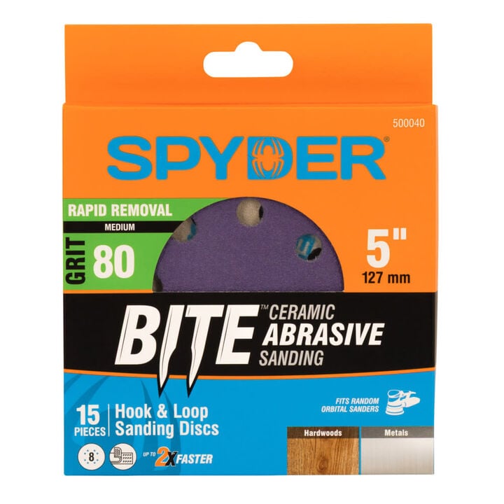 Spyder 80 Grit Ceramic Sanding Discs, 5 Inch 8-Hole Hook & Loop 15 Pieces