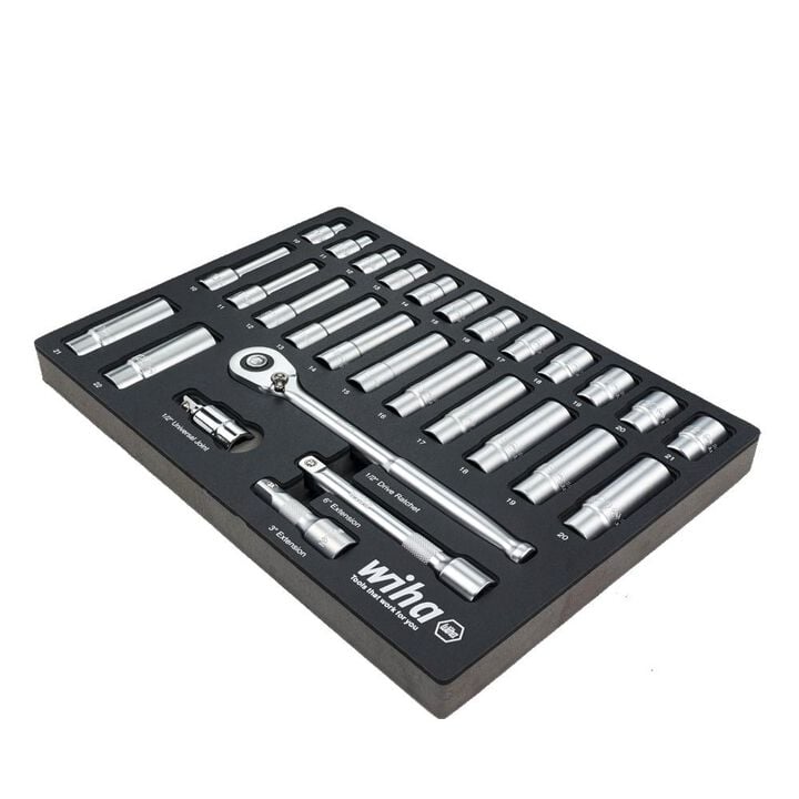 Wiha 1/2 Inch Drive Professional Standard & Deep Socket Tray Set, Metric, 29 Pieces, large image number 1