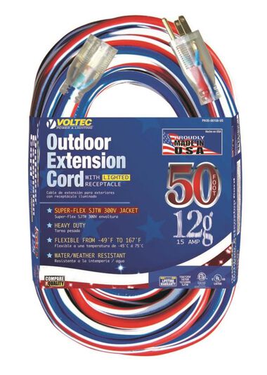 Voltec 50Ft 12/3 SJTW Red/White/Blue Extension Cord with Lighted Ends