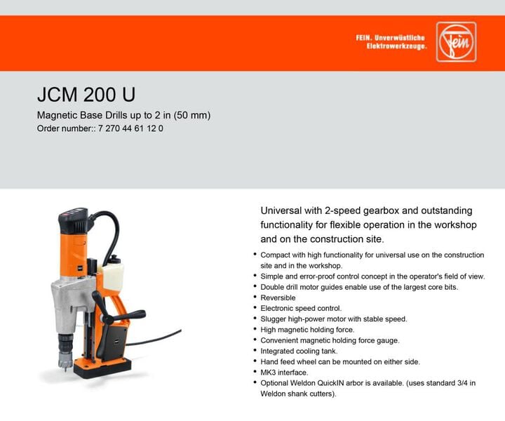 Fein JCM 200AUTO SLUGGER Magnetic Drill 2 In. Capacity, large image number 3