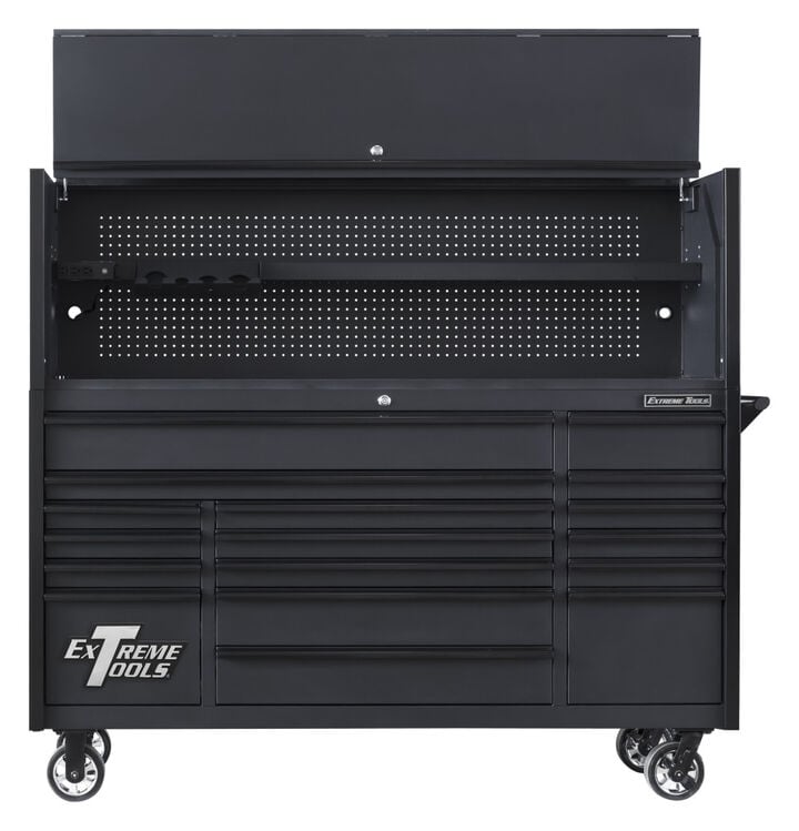 Extreme Tools DX Series 72 Inch W x 21 Inch D Extreme Power Workstation Hutch and 17 Drawer Roller Cabinet Combo Matte Black with Black Drawer Pulls, large image number 0