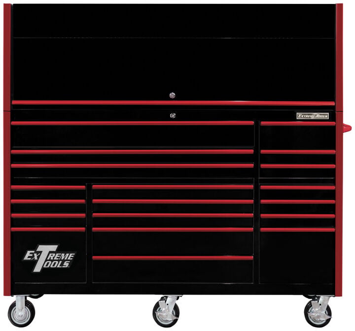 Extreme Tools RX Series 72 Inch W x 25 Inch D Professional Extreme Power Workstation Hutch & 19 Drawer Roller Cabinet 150 lbs Slides Combo Black with Red Drawer Pulls