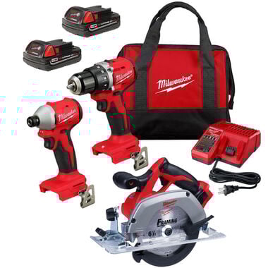 Milwaukee M18 1/2 Inch Drill Driver, 1/4 Inch Impact Driver & 6-1/2 Inch Circular Saw Combo Kit Bundle