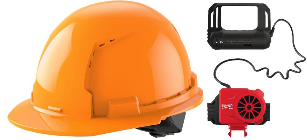 Milwaukee Orange Front Brim Vented Hard Hat with 4pt Ratcheting Suspension Type 1 Class C & BOLT Cooling Fan Bundle, large image number 1
