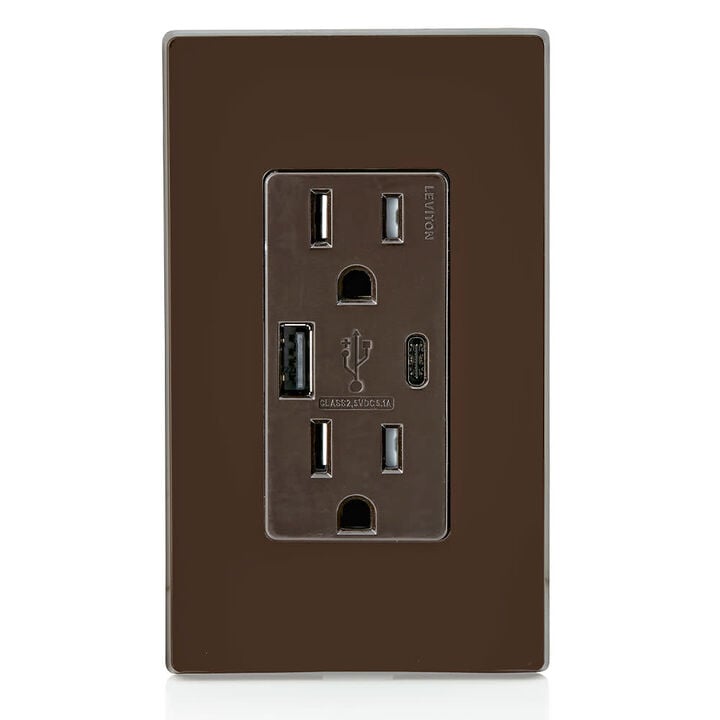 Leviton Outlet with USB Type A/C Charger 15A 125V 5-15R Brown, large image number 2