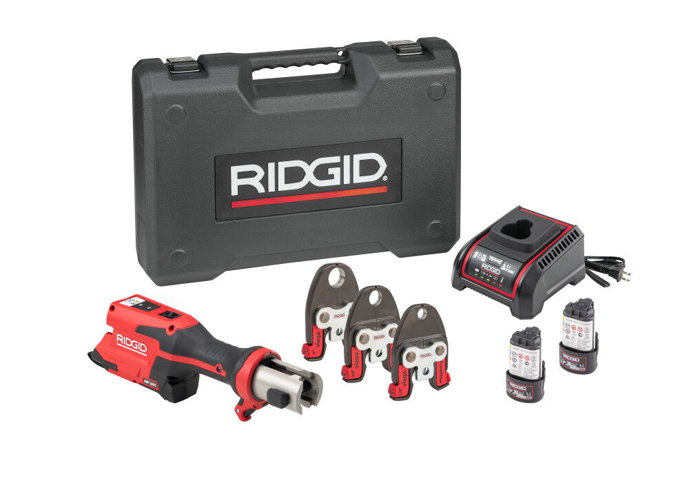 Ridgid RP 251 Press Tool Battery Kit with 1/2 Inch, 3/4 Inch and 1 Inch PureFlow Jaws – 78168