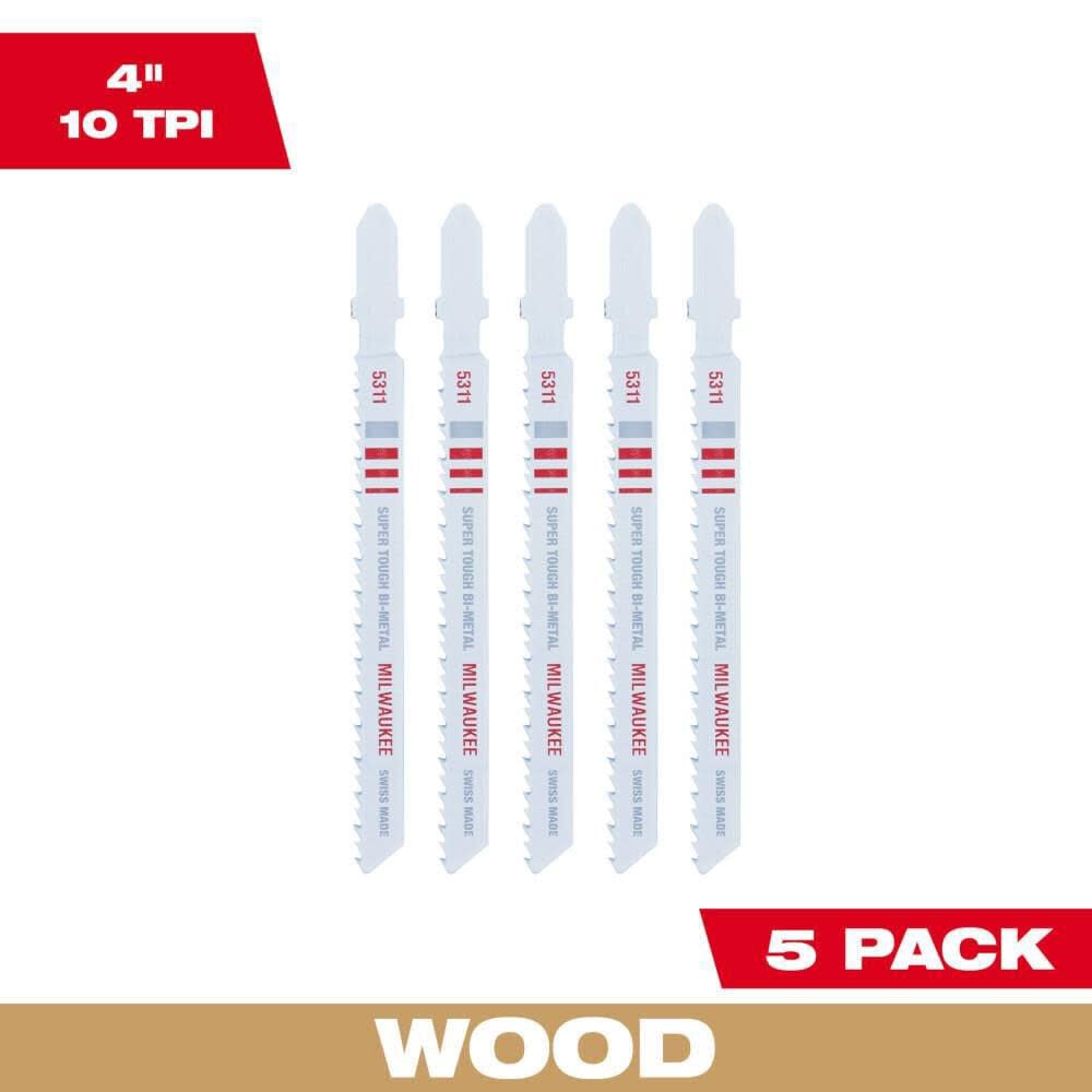Milwaukee 4in 10TPI T-Shank Wood Bi-Metal Jigsaw Blades 5 Pack - 48-42-5311