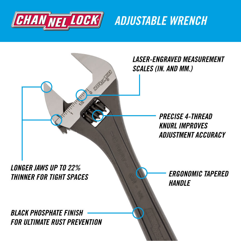 Channellock 10 Inch Chrome Vanadium Steel Wide Adjustable Wrench, large image number 2