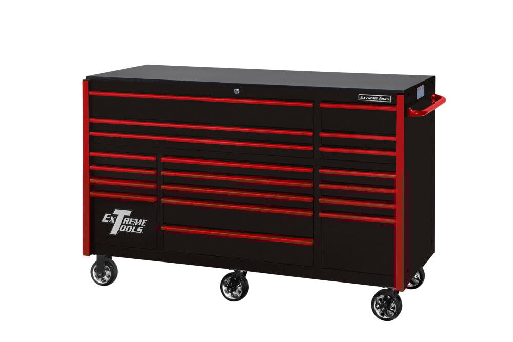 Extreme Tools RX Series 72 Inch W x 25 Inch D 19 Drawer Triple Bank Roller Cabinet 150 lbs Slides Black with Drawer Pulls – RX722519RCBKRD-X